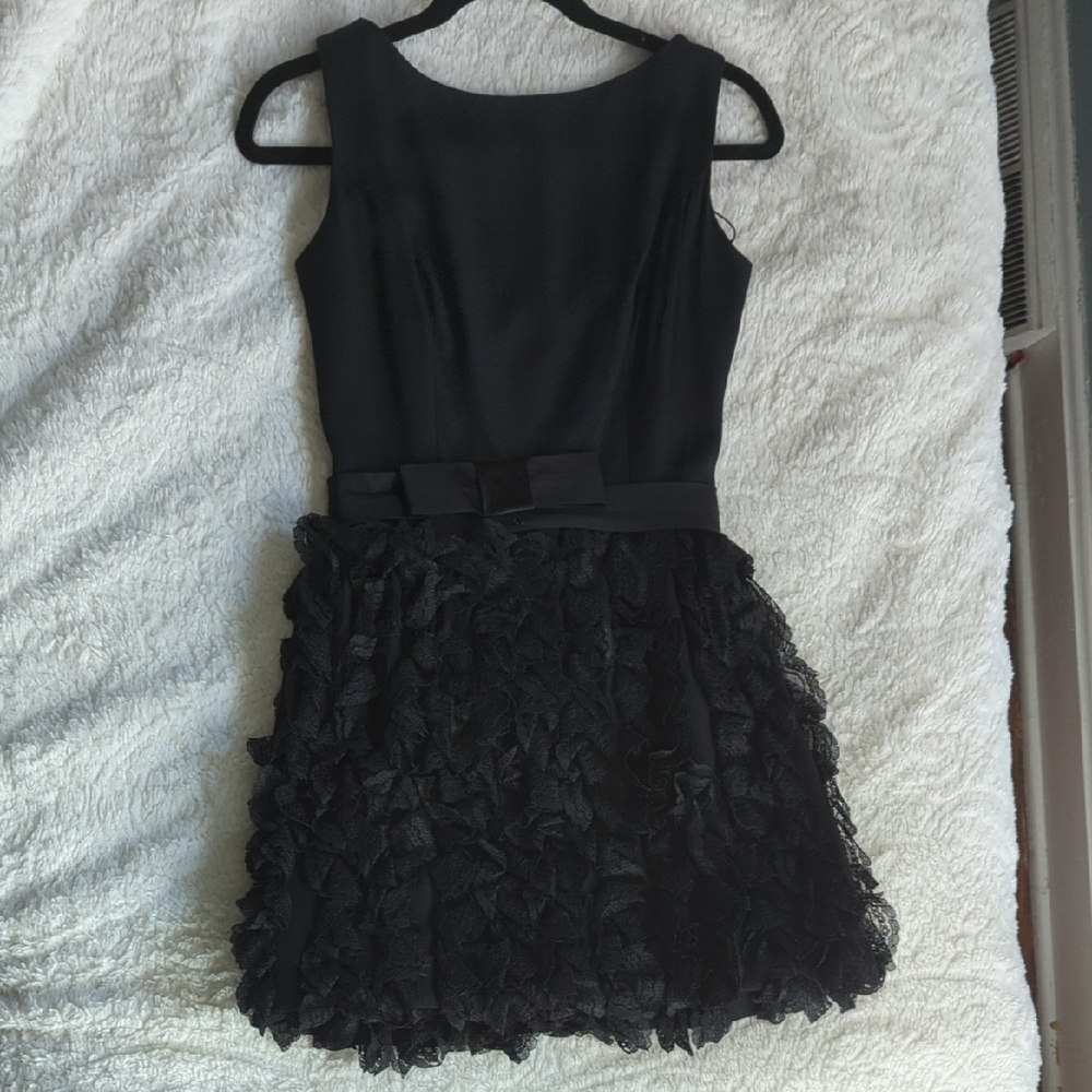 Vintage Black Cocktail Dress with Lace Detail and Belted Satin Bow